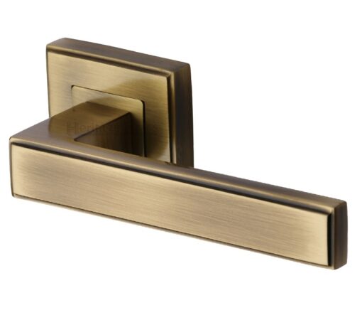 Heritage Brass Linear Antique Brass Art Deco Style Door Handles On Square Rose (Sold In Pairs)
