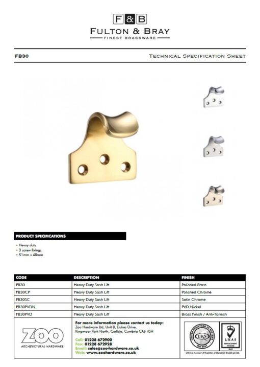 Zoo Hardware Fulton & Bray Heavy Duty Sash Lift, Satin Chrome -