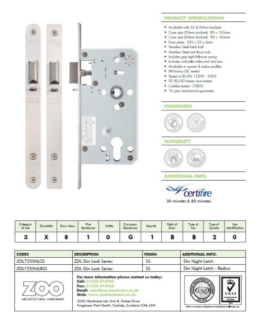 Zoo Hardware Vier 72Mm C/C Din Night Latch (Square Or Radius Profile), Satin Stainless Steel