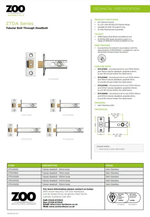 Zoo Hardware Architectural Tubular Dead Bolt (Bolt Through) - Stainless Steel Finish