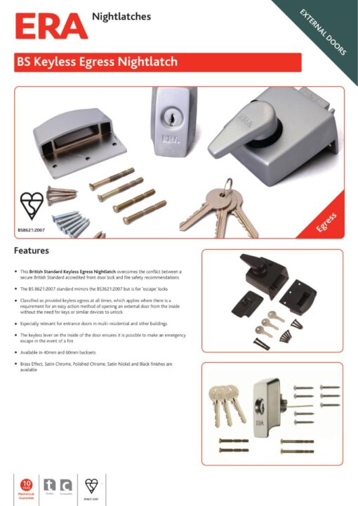 Era 1530-37-1 British Standard Keyless Egress Nightlatch Door Lock 40mm Keyed Alike Polished Chrome