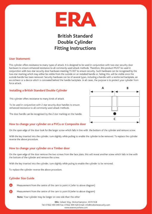 ERA British Standard Kitemarked 6 Pin Euro Profile Double Door Cylinder 35/50 85mm overall Satin Chrome Master Keyed