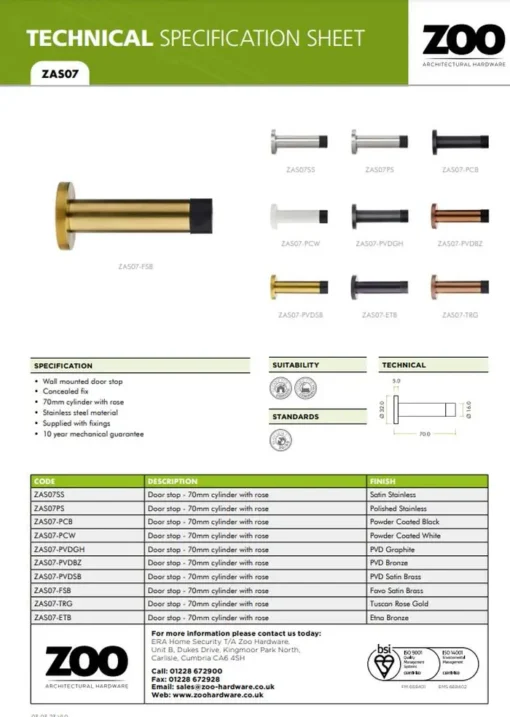 Zoo Hardware ZAS07-PVDSB Door Stop - Cylinder - 70mm Projection With Rose - PVD Satin Brass