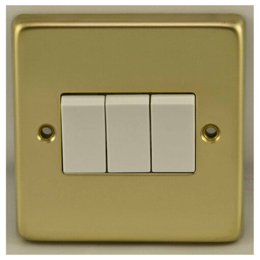 Eurolite Pb3Sww 3 Gang 10Amp 2Way Switch Round Edge Polished Brass Plate White Rockers
