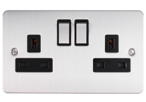 Eurolite Sss2Sossw 2 Gang 13Amp Dp Switched Socket Round Edge Satin Stainless Steel Plate Matching Rockers White Interior