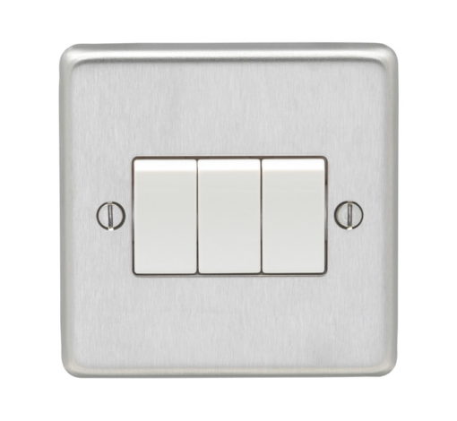 Eurolite Sss3Sww 3 Gang 10Amp 2Way Switch Round Edge Satin Stainless Steel Plate White Rockers