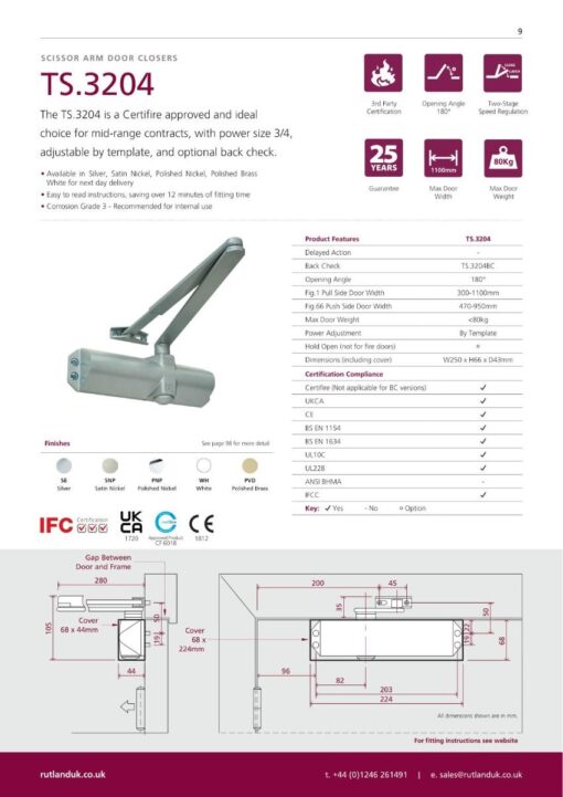 Rutland TS.3204 Door Closer, BC c/w Flatbar Armset Silver - Image 4